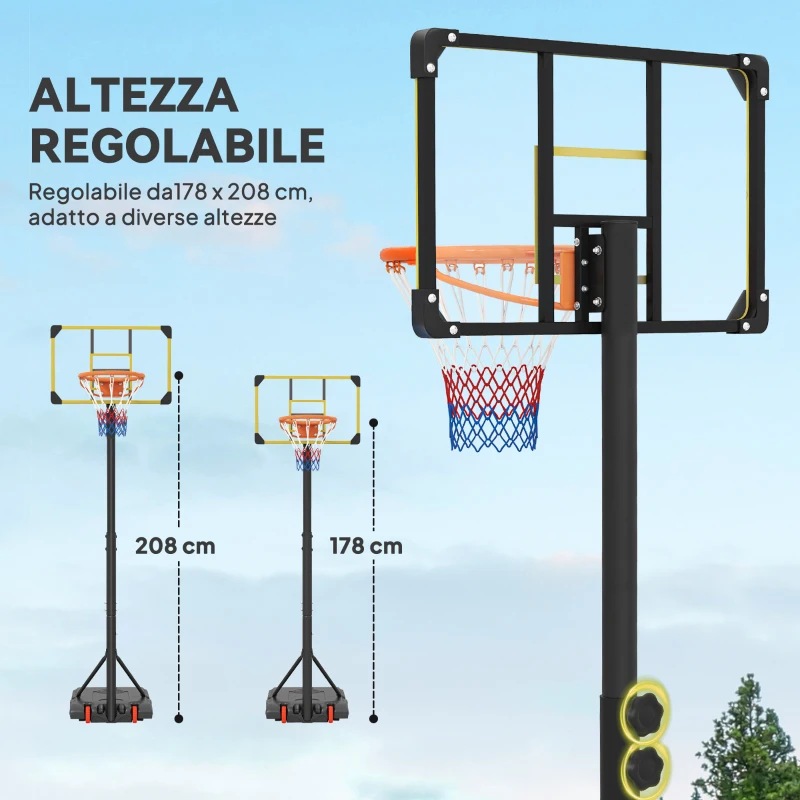 SPORTNOW Canestro Basket per Adulti, Altezza Regolabile 2.1-2.4 m, Ruote e Base Riempibile, Giallo