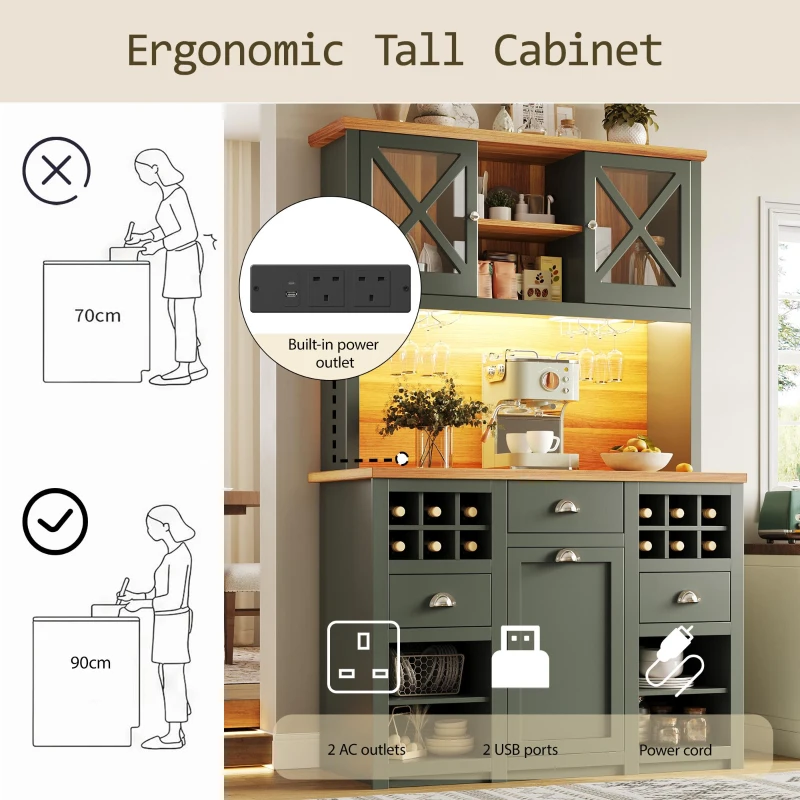 Tall Kitchen Cabinet with Glass Doors and LED Lighting, Versatile Sideboard with Adjustable Shelves, 120L x 45W x 188H cm, Antique Green