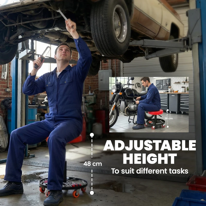 HOMCOM Rolling Mechanical Stool, Pneumatic Adjustable Workshop Stool with Tool Tray, Wheels - Orange