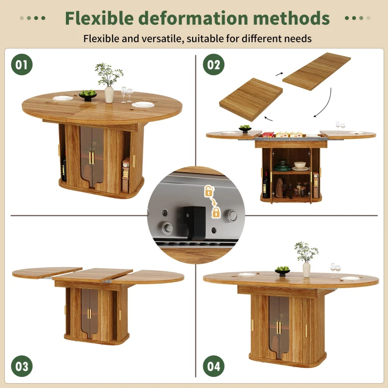 Extendable Dining Table with Hidden Storage and Glass Doors, Round Kitchen Table for 6 People, 118-158L x 118W x 77H cm, Walnut