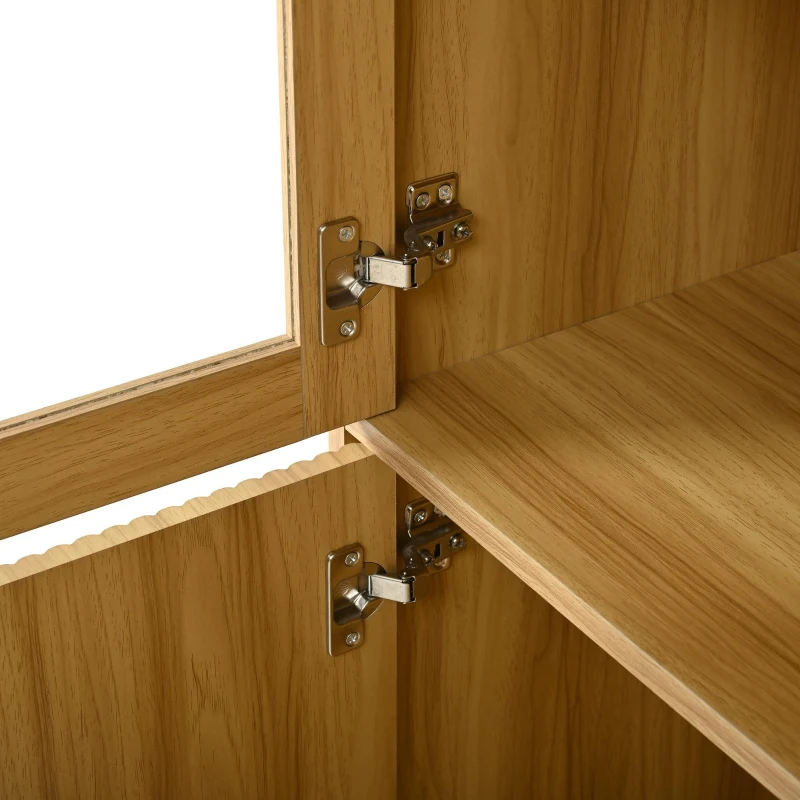 Hohes Sideboard mit Bogendecke, Glasvitrinentüren, Wellenmuster, 78 x 40 x 176 cm, Naturfarbe