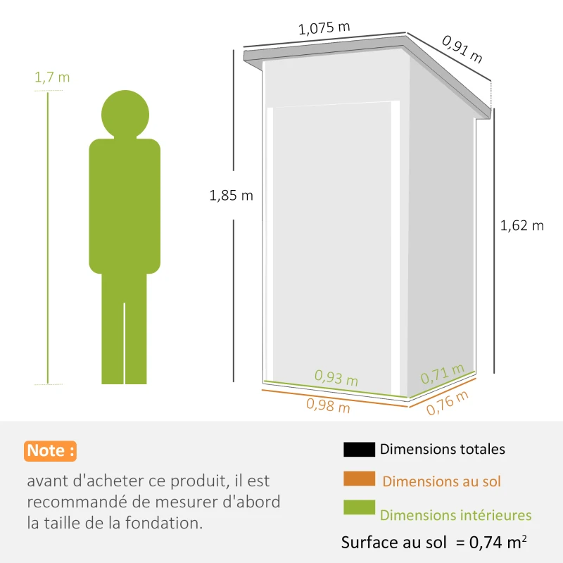 Outsunny Abri de jardin en métal, cabane de jardin, porte verrouillable, toit incliné, aérations et gants, 107,5x91x185cm, gris