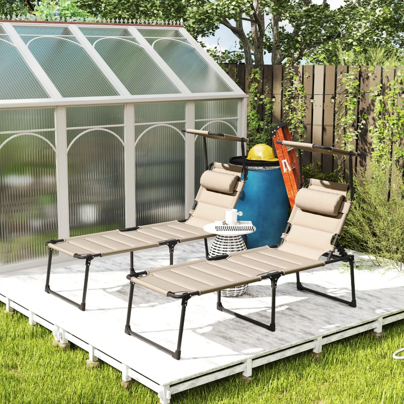 Outsunny Lot de 2 Bains de soleil transats pliables grand confort dossier pare-soleil réglables multi-positions, kaki