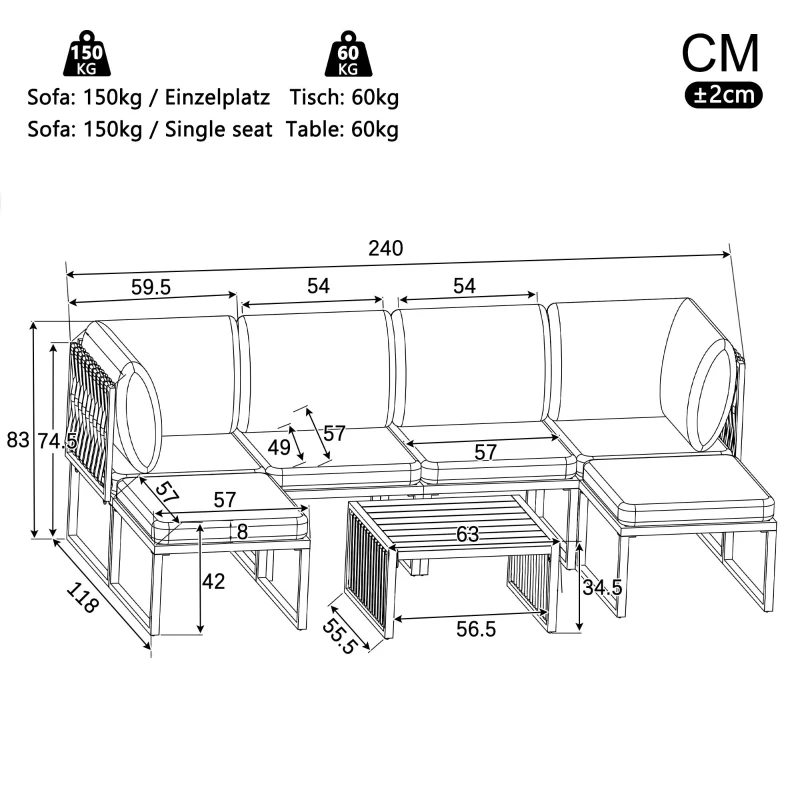 Outdoor Garden Furniture Set with High-Density Foam Cushions, Durable Garden Sofa Set with Plastic Weave, 240L x 118W x 83H cm, Gray