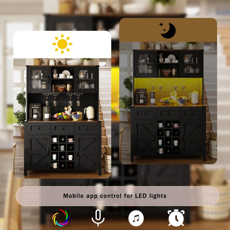 Tall Kitchen Cabinet with Integrated Power Strip and Wine Glass Rack, Stylish Sideboard with Cable Management, 120L x 40W x 170H cm, Black