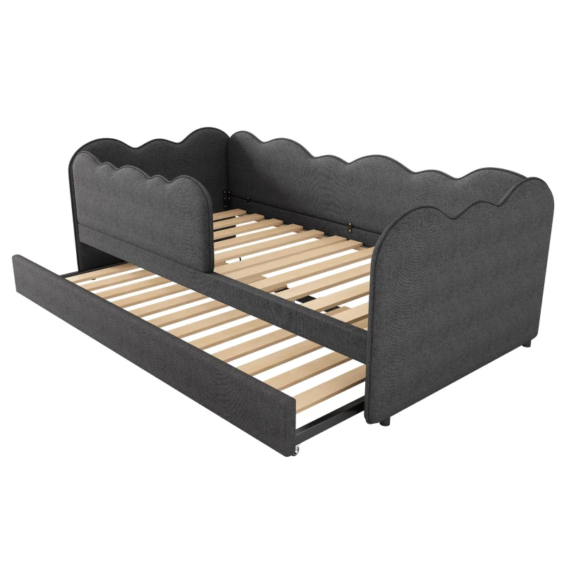 Upholstered Daybed with Pull-Out Trundle & Removable Front Rail, Space-Saving Sofa Bed for Compact Flats, 197L x 99W x 70H cm, Grey