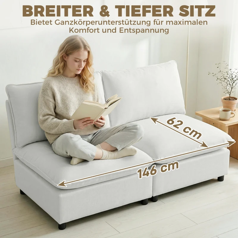 HOMCOM 2-Sitzer-Sofa, 146 cm Kunstleder-Modularsofa mit breiter und tiefer Sitzfläche, dicken Kissen, einfache Montage, Grau