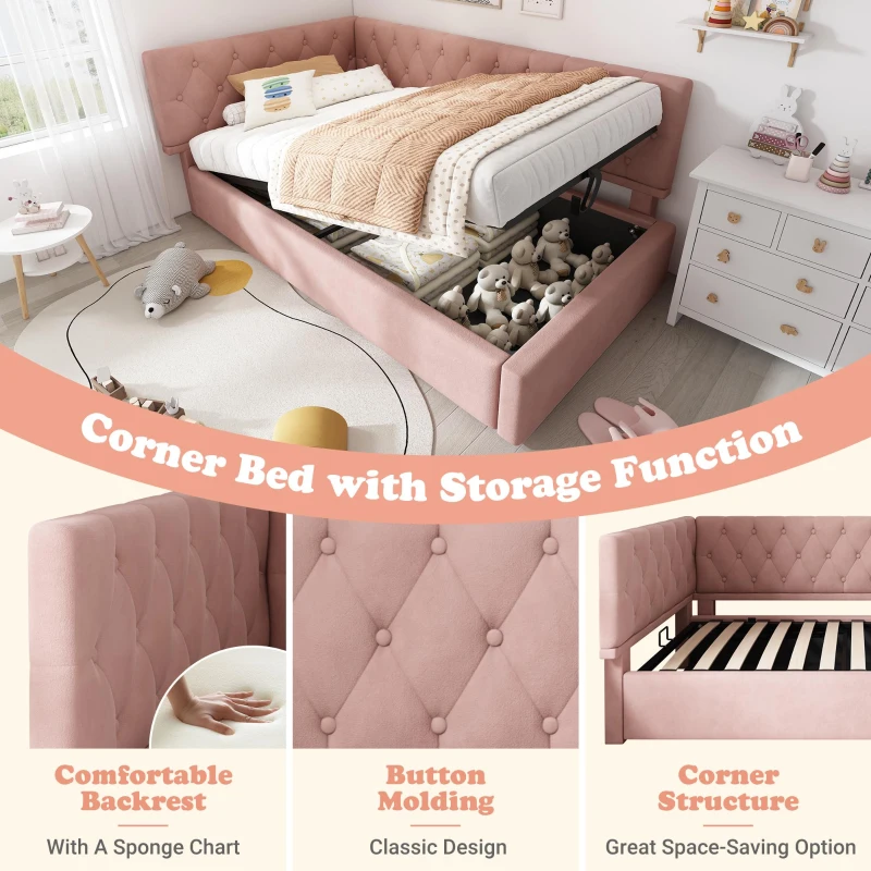 Stylish Upholstered Daybed with Hydraulic Ottoman Storage, L-Shaped Single Sofa Bed with Velvet Fabric, 196L x 100W x 77H cm, Pink