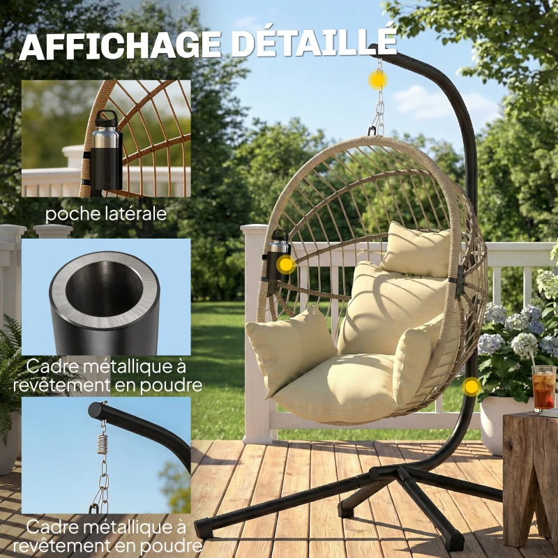 Outsunny Fauteuil Œuf Suspendu, Chaise Hamac Balançoire Intérieur et Extérieur, Panier Pliable, Coussin Rembourré, Kaki
