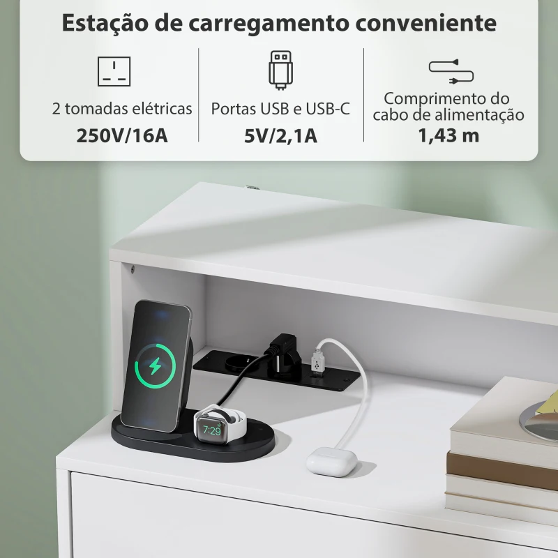 HOMCOM Cómoda com 4 Gavetas e Estação de Carregamento com Porta USB Porta USB-C Prateleira Aberta 80x40x120 cm Branco
