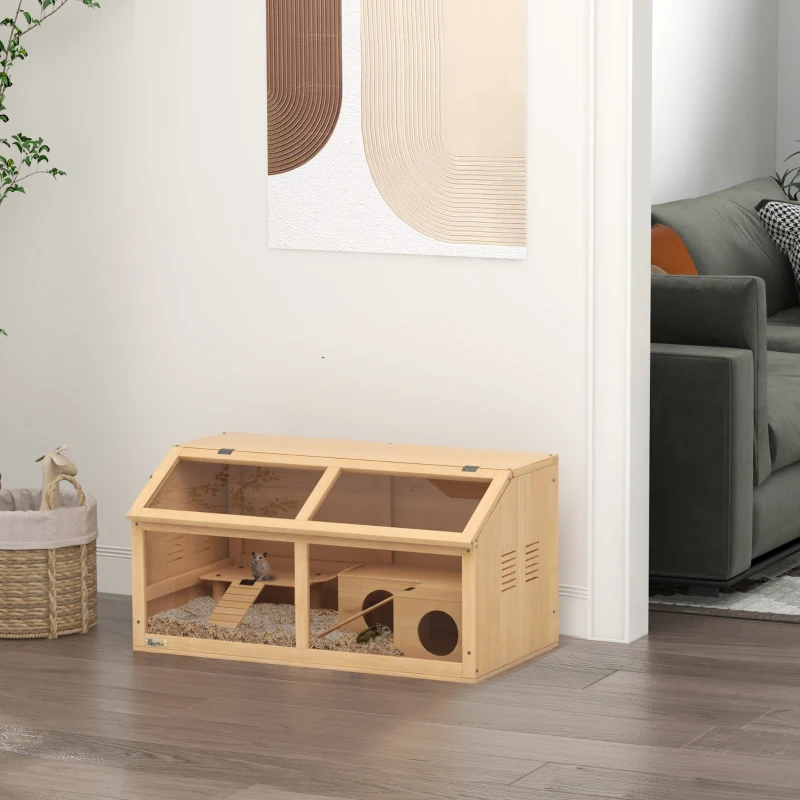 PawHut Cage hamster en bois habitat grand pour rongeur ventilation couvercle ouvrant et accessoires 85x45x44cm bois naturel