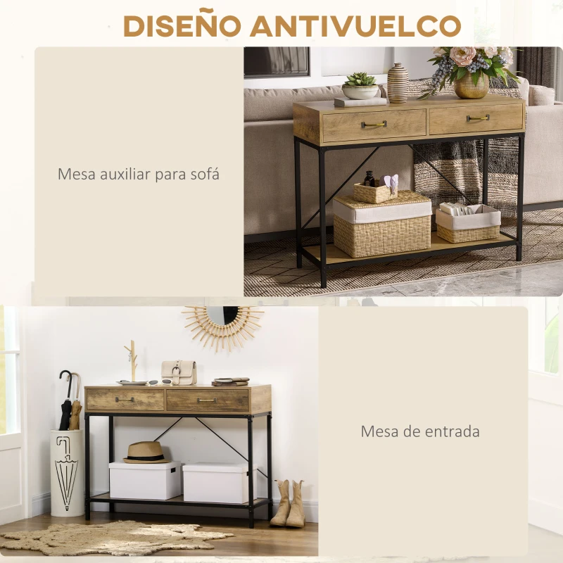 HOMCOM Mesa de Consola Industrial Mesa de Sofá con 2 Cajones y Estante para Recibidor con Patas de Metal Marrón y Negro