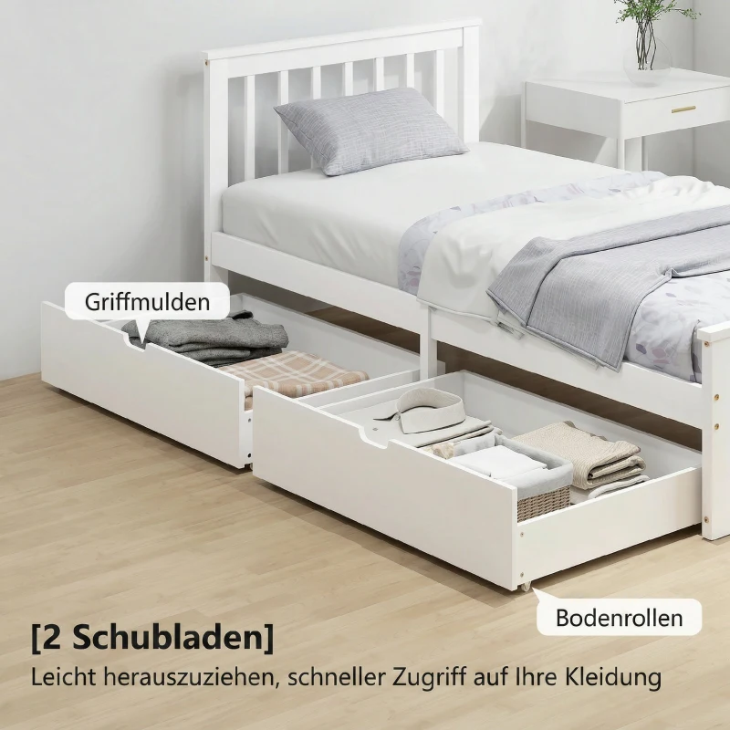 HOMCOM Cadre de Lit 90x190cm en Bois Massif,  2 Tiroirs sur Roulettes, Tête de Lit, Pied de Lit, Sommier à Lattes, Blanc