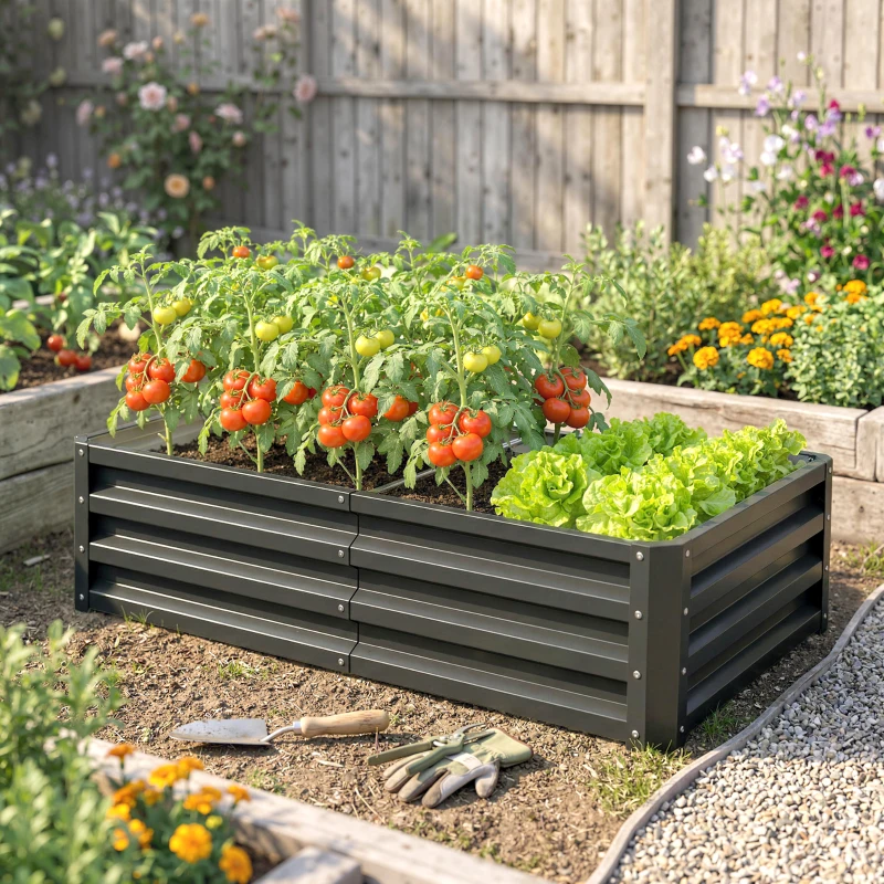 Outsunny Podwyższona grządka z pudełkiem na rośliny, odporna na warunki atmosferyczne, otwarta podłoga, ocynkowana stal, 120 cm x 60 cm x 30,5 cm, Szary