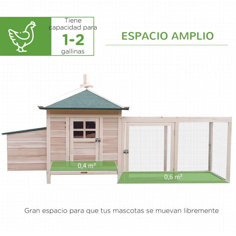 PawHut Gallinero de Madera Exterior, Jaula para Gallinas con Nidos, Corral, Bandeja Extraíble, Tapa Abatible, 196x76x97 cm, Natural