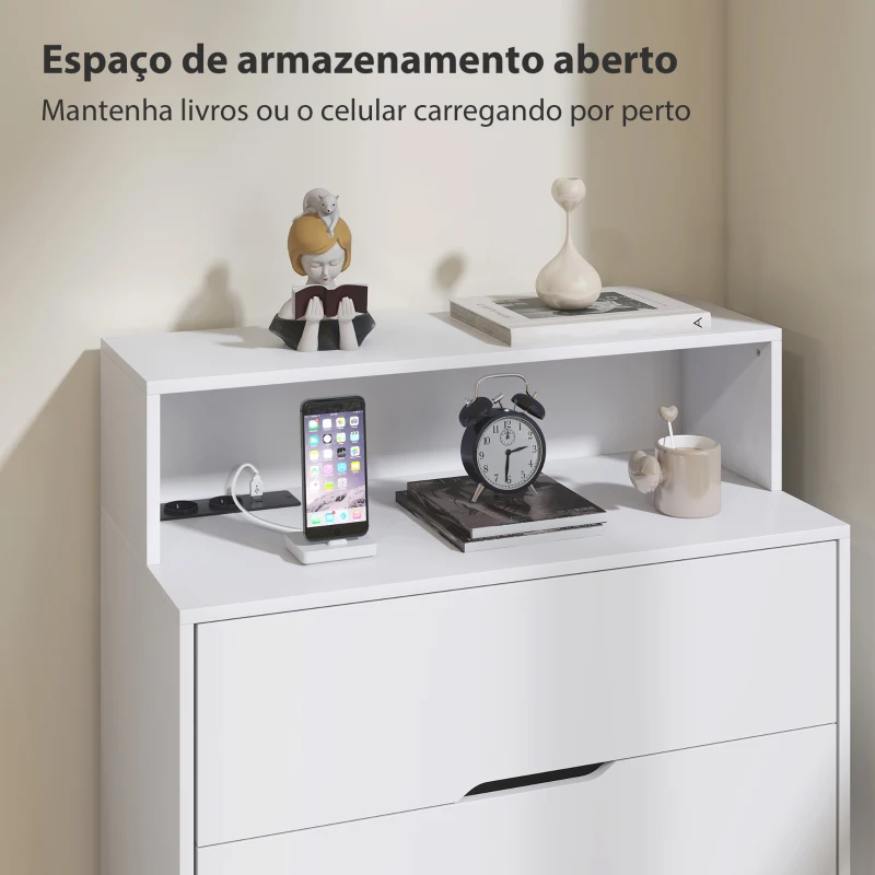 HOMCOM Cómoda com 4 Gavetas e Estação de Carregamento com Porta USB Porta USB-C Prateleira Aberta 80x40x120 cm Branco