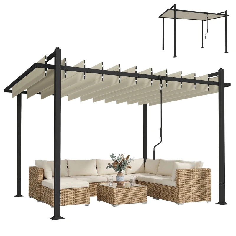 Outsunny Pérgola de Jardim 3x3,8 m com Toldo Corrediço Ajustável a 90° Manivela, Estrutura de Alumínio e Aço UPF50+ Bege