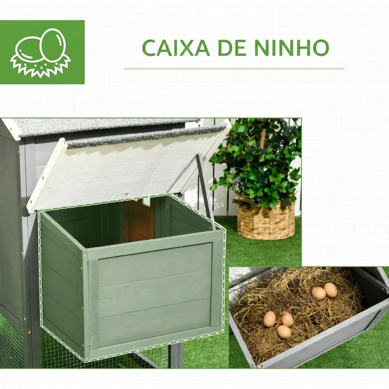 PawHut Galinheiro Grande de Madeira 300x66x116 cm com Ninho, Corredor Bandeja Removível Telhado Asfáltico Rampa 297,5x68x118 cm Branco e Cinza