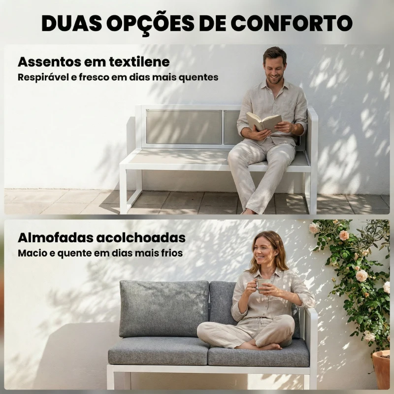 Outsunny Conjunto de Jardim de 4 Peças Sofá Exterior Seccional em L com 3 Sofás de 2 Lugares Assento em Textilene Mesa com Bancada Efeito Madeira WPC Cinza Claro e Branco