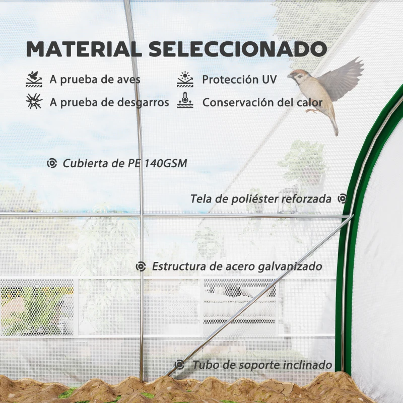 Outsunny Invernadero de Túnel 6x3x2 m con Puerta Enrollable 8 Ventanas de Malla y Estructura de Acero Galvanizado Blanco