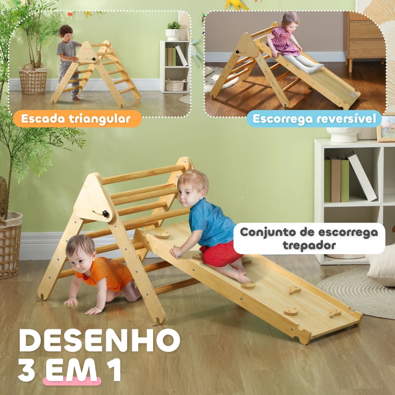 AIYAPLAY Triângulo de Escalada de Madeira 2 em 1 Escalada para Crianças de 18-48 Meses com Rampa para Deslizar ou Escalar 147x64,5x63 cm  Madeira