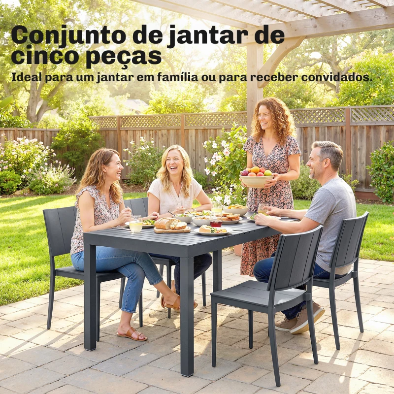 Outsunny Conjunto de Mesa e Cadeiras de Jardim com Mesa de Ripas e 4 Cadeiras Empilháveis para Terraço ou Pátio Cinzento