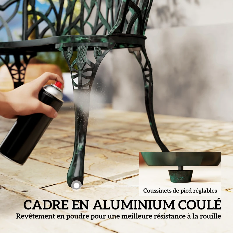 Outsunny Banc de jardin en aluminium moulé, banc extérieur 2 places avec dossier tulipe, assise florale, 99x57x78cm, vert antique