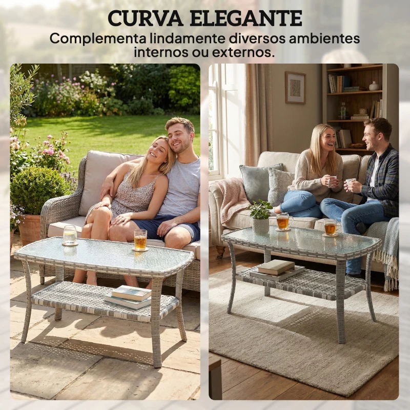 Outsunny Mesa de Jardim Exterior Retangular em Vime com Prateleira Tampo de Vidro Temperado Ondulado 90x50x45 cm Cinzento Escuro