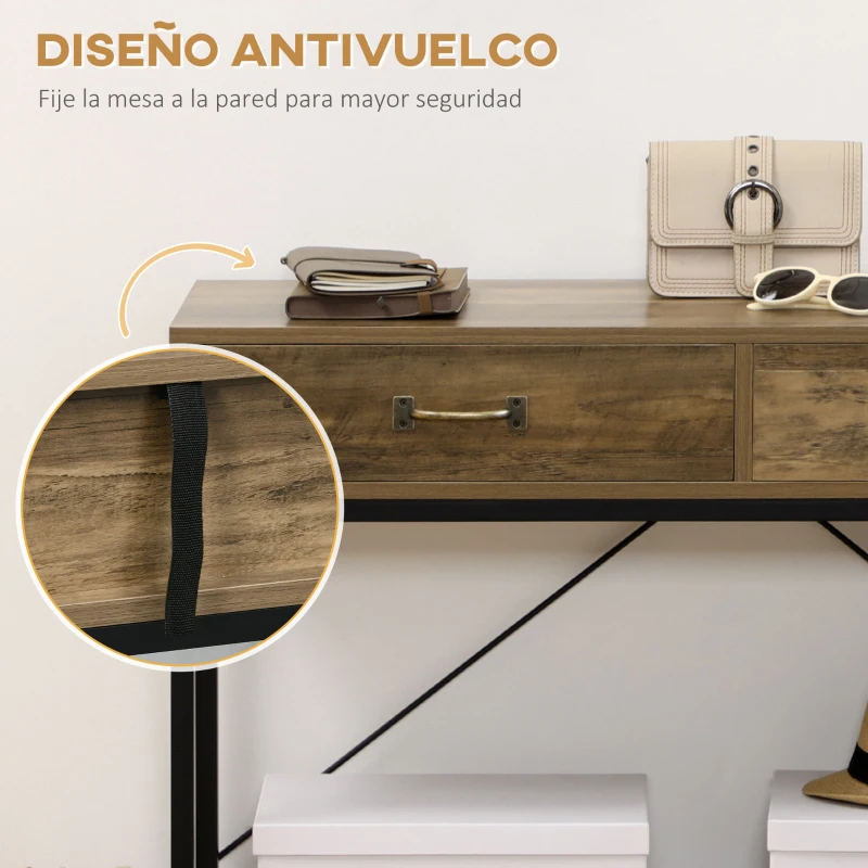 HOMCOM Mesa de Consola Industrial Mesa de Sofá con 2 Cajones y Estante para Recibidor con Patas de Metal Marrón y Negro