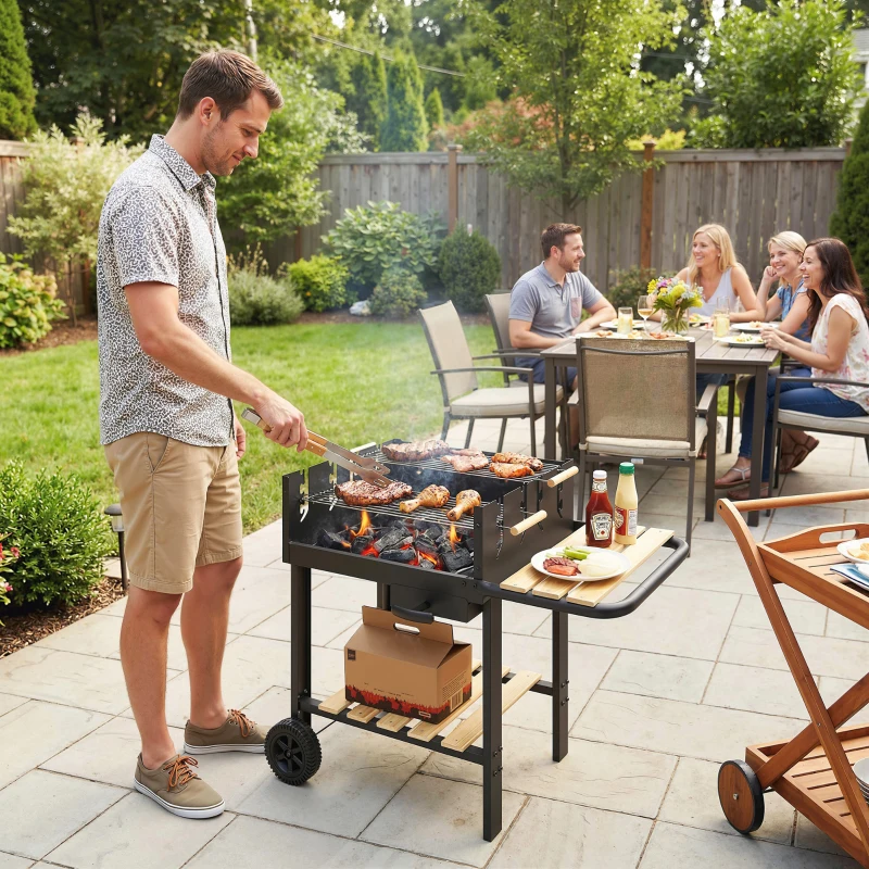 Outsunny Chariot à barbecue de bois avec 2 grilles réglables, barbecue au charbon de bois sur roulettes, tablette latérale, noir