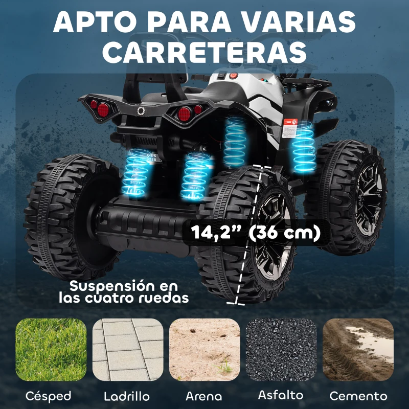HOMCOM Quad Eléctrico para Niños 12V Quad para Niños de 3–5 Años con 2 Motores Velocidad 3–8 km/h Música Faros LED USB Blanco