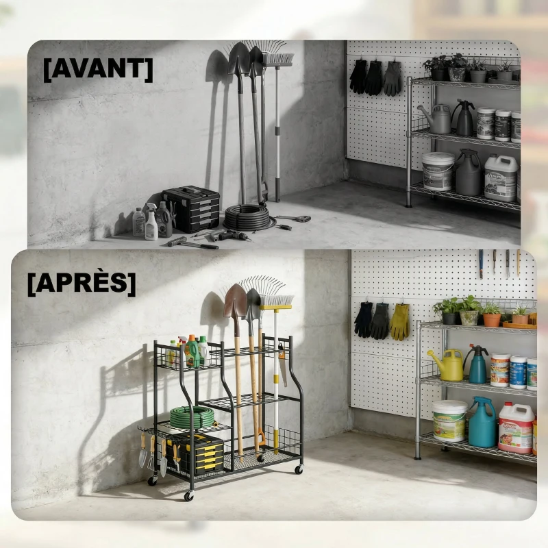 Outsunny Organisateur d'Outils de Jardin en Acier à 3 Niveaux, 32 Emplacements, 4 Roues, 11 Crochets, 104x40x95cm, Noir