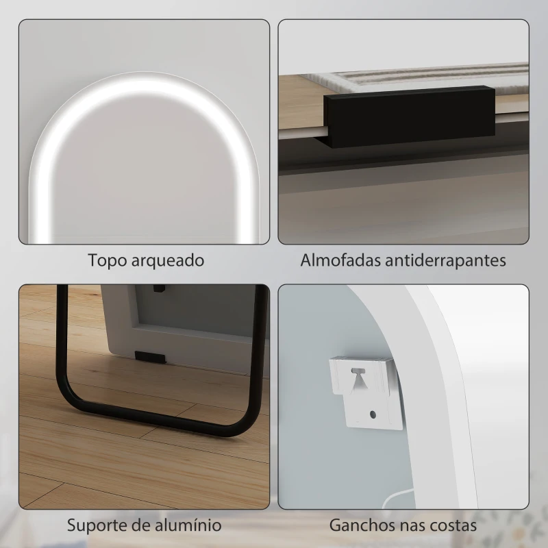 HOMCOM Espelho de Corpo Inteiro com Luzes 150x50 cm Arqueado Sem Moldura 3 Tons de Luz Brilho Ajustável Transparente