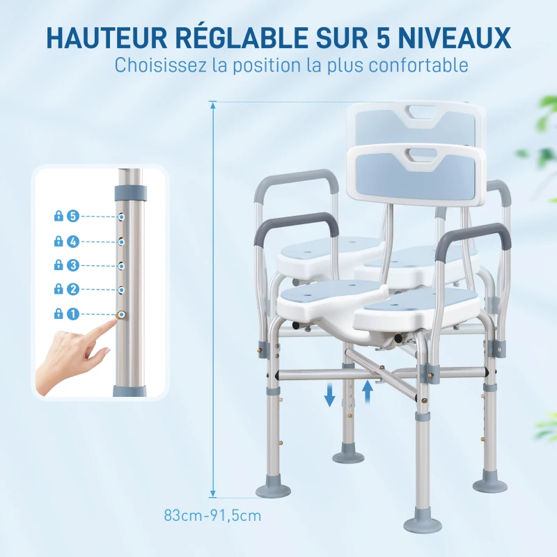 HOMCOM Tabouret de douche, tabouret de bain avec siège rembourrée en U amélioré et accoudoirs, hauteur réglable, bleu