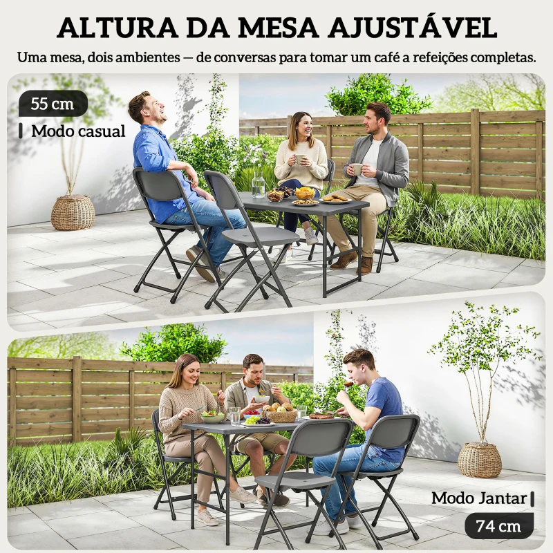 Outsunny Conjunto de Mesa e Cadeiras de Jardim com Mesa Dobrável Ajustável de 55 a 74 cm e 4 Cadeiras Dobráveis para Terraço Cinzento