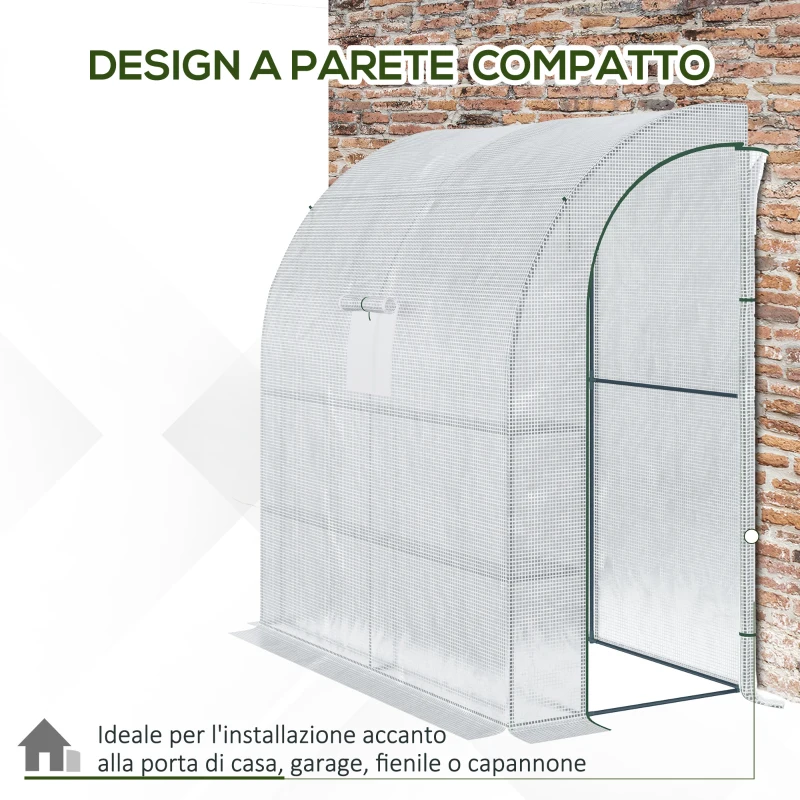 Outsunny Serra Addossata a 3 Livelli con Porte e Finestre Avvolgibili, in PE e Acciaio, 200x100x215 cm, Verde e Bianco