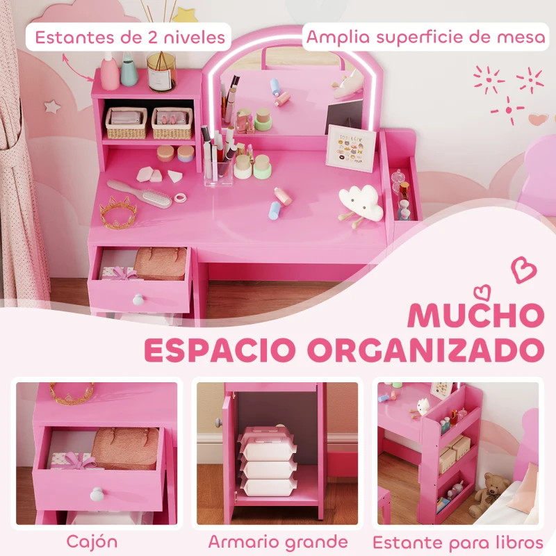 AIYAPLAY Tocador de Maquillaje Niña Tocador Infantil con Taburete y Espejo con Luces LED 1 Cajón Armario y 5 Estantes Rosa