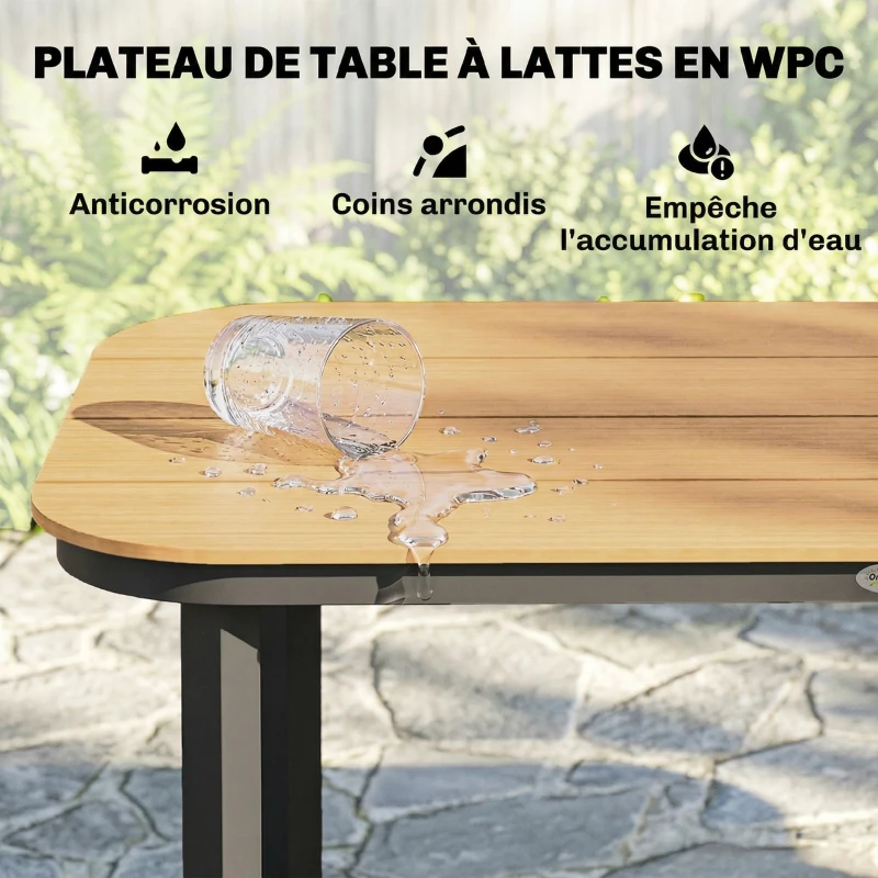 Outsunny Table de Jardin Rectangulaire pour 4-6 Personnes, Plateau en WPC à Lattes, Bords Arrondis, 155x88x72cm, Naturel