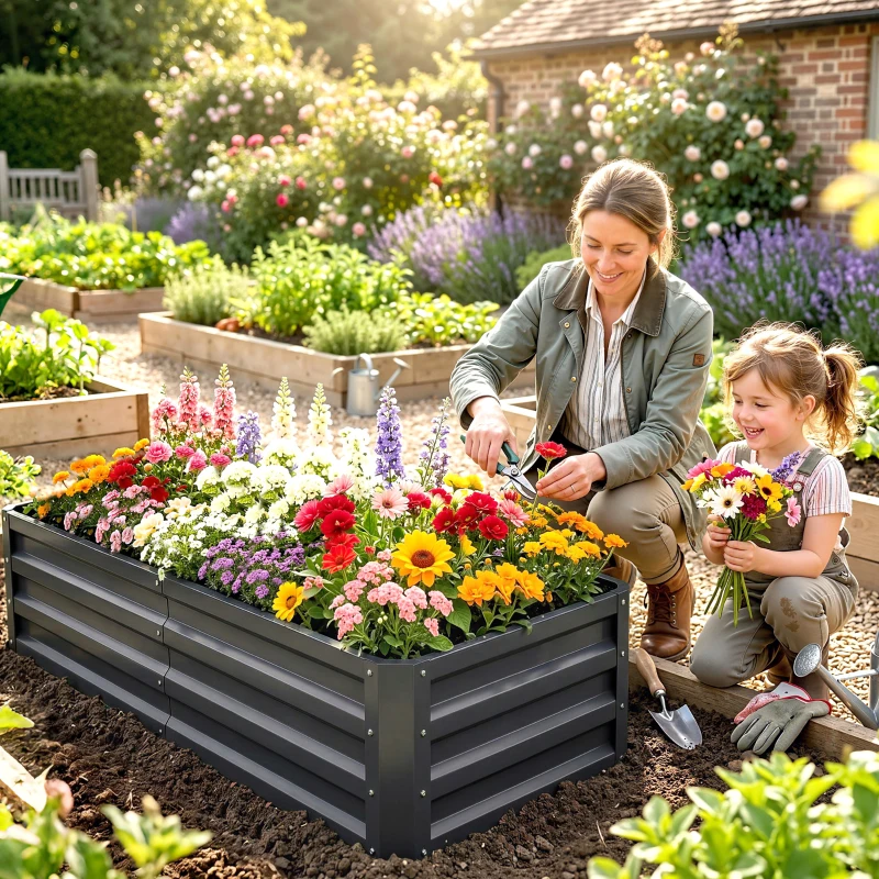 Outsunny Podwyższona grządka z pudełkiem na rośliny, odporna na warunki atmosferyczne, otwarta podłoga, ocynkowana stal, 120 cm x 60 cm x 30,5 cm, Szary