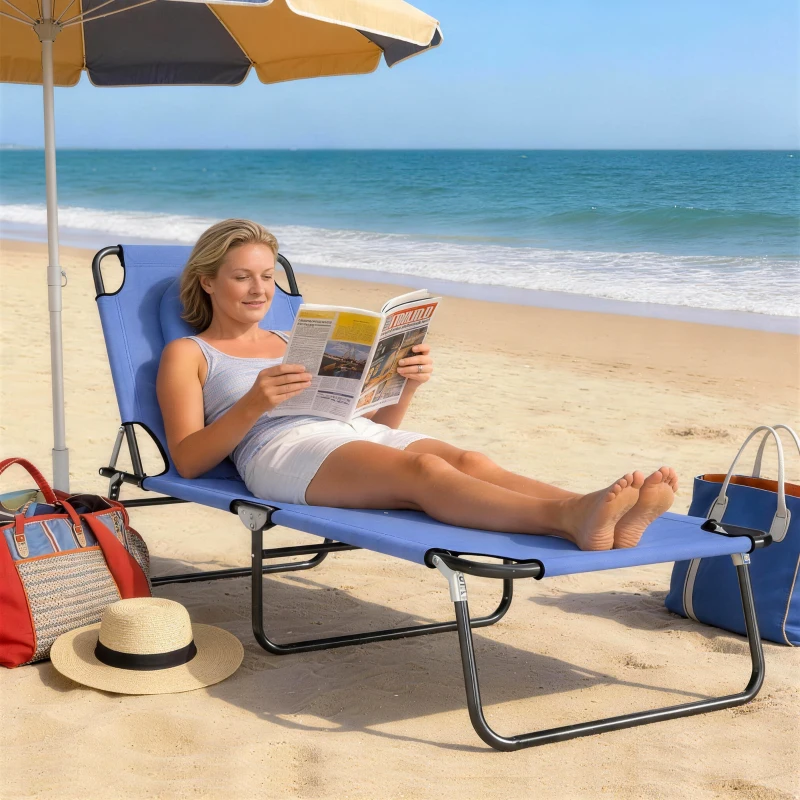 Outsunny Bain de Soleil Pliable transat inclinable 4 Positions Chaise Longue 3 Coussins fournis Bleu