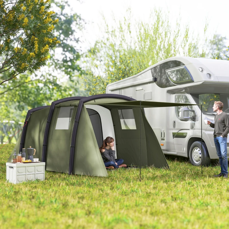 Outsunny Tenda de Campismo Inflável Familiar para 3-4 Pessoas Janelas de Malha e Bolsa de Transporte Proteção UV 50+ 440x280x195 cm Verde-Oliva
