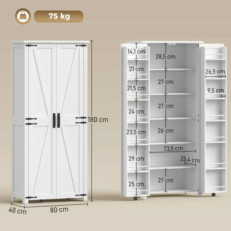 HOMCOM Buffet alto de cocina, armario de cocina, 2 puertas con ruedas, 6 compartimentos, 14 soportes en puertas, estantes regulables, blanco