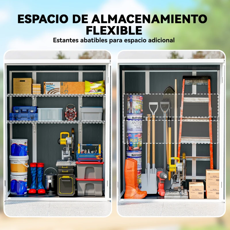 Outsunny Cobertizo de Jardín Exterior de Plástico 0,81 m² 134x68,5x170 cm con Suelo 2 Estantes Plegables Puertas con Pestillo