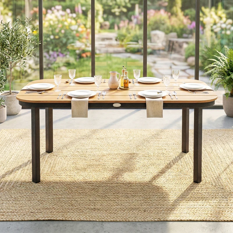 Outsunny Table de Jardin Rectangulaire pour 4-6 Personnes, Plateau en WPC à Lattes, Bords Arrondis, 155x88x72cm, Naturel