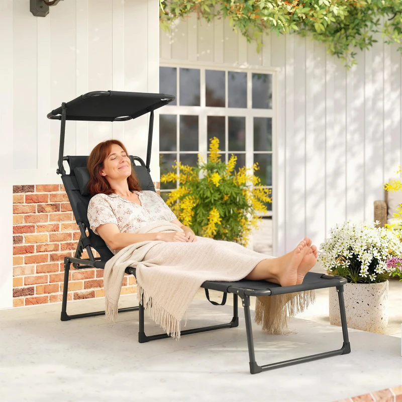 Outsunny Bain de soleil chaise longue pliante avec pare-soleil, appuie-tête inclinable en tissu Oxford 70 x 200 x 45 cm, noir