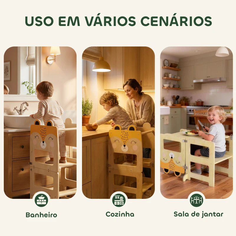 AIYAPLAY Torre de Aprendizagem 3 em 1 Dobrável Conversível em Secretária e Cadeira com Quadro Estampas de Raposas Madeira