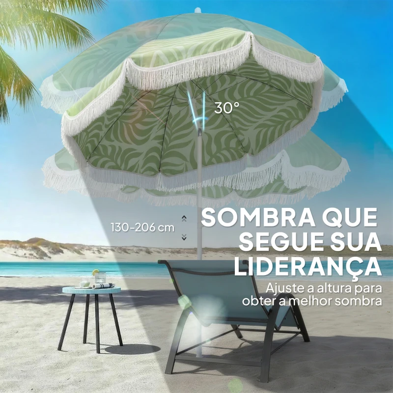 Outsunny Chapéu de Sol de Praia com Franjas Ø180 cm Altura Ajustável Inclinação Ancoragem na Areia e Bolsa de Transporte UPF30+ Verde