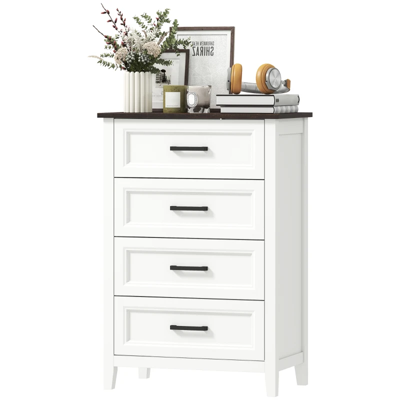HOMCOM Cómoda 4 Gavetas Cómoda de Dormitório Estreita e Alta com Bancada com Efeito Madeira 60x35x87 cm Branco