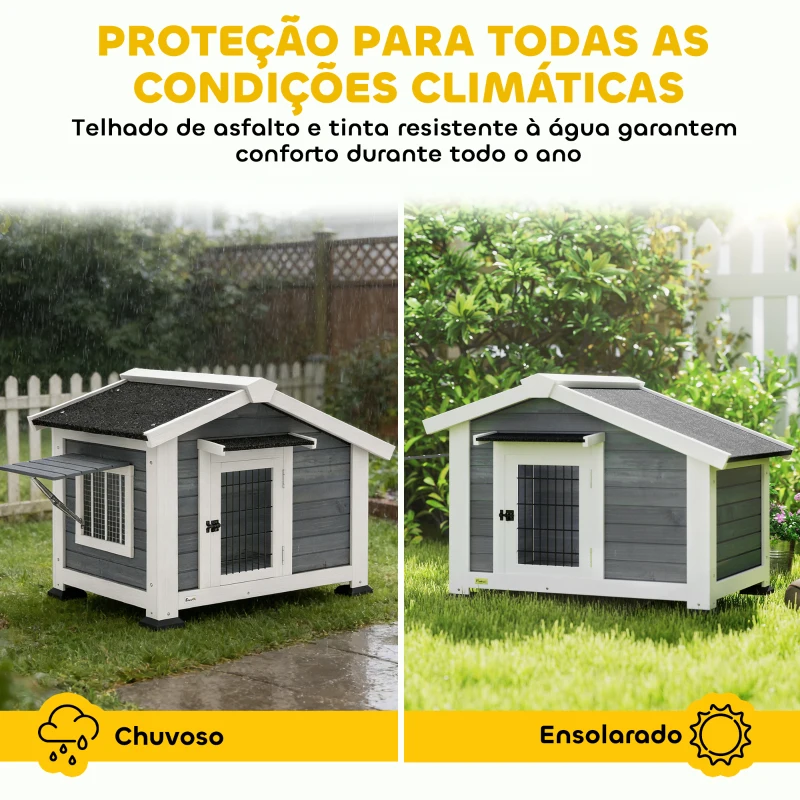 PawHut Casota para Cães de Exterior em Madeira Casa para Cães Médios com Teto de Asfalto Chão Removível 98x76x69,5 cm Cinzento