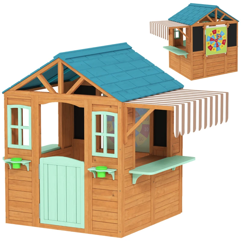 AIYAPLAY Cabane enfant extérieur en bois, maison enfant extérieure, porte-pots, tableau noir, jeu de lancer 4 balles, multicolore